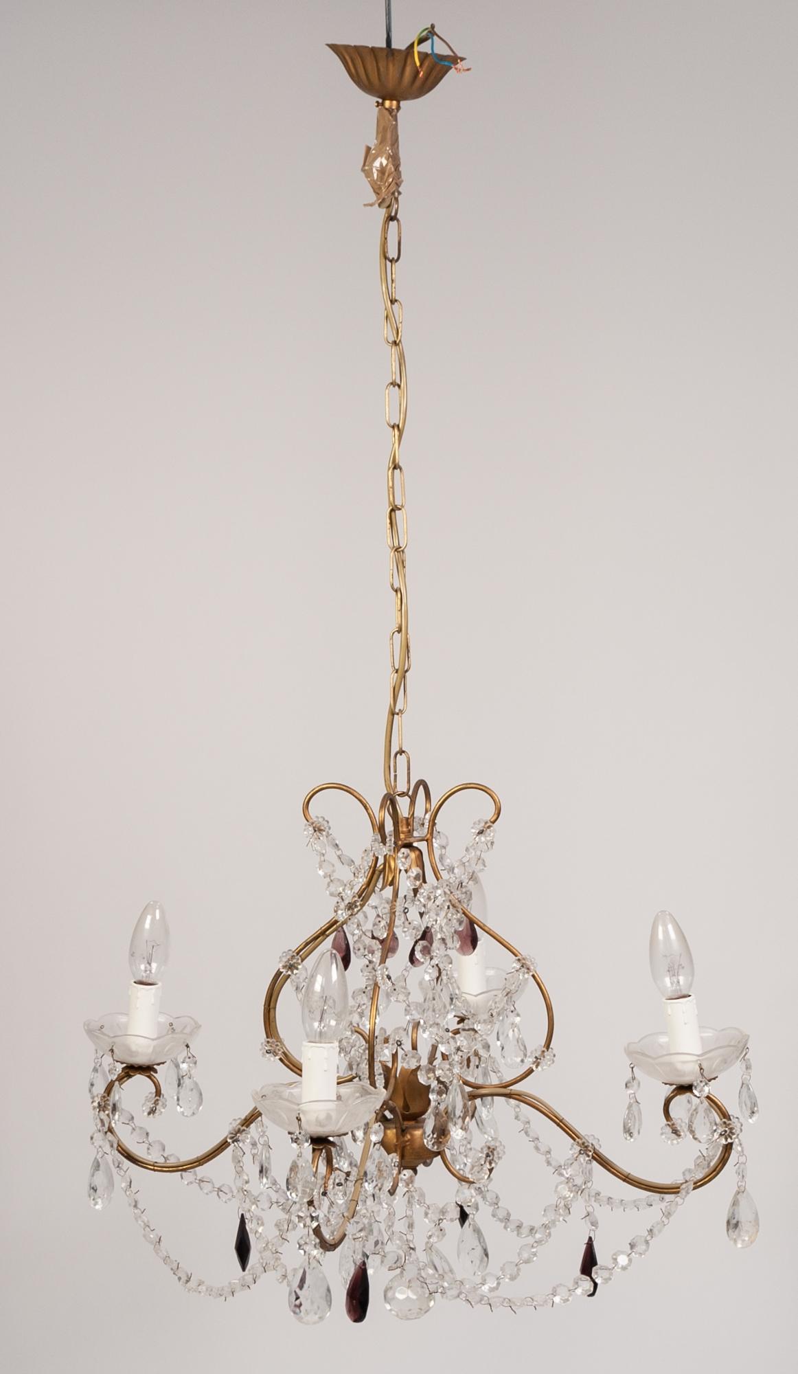 A 20th CENTURY GILT METAL CUT GLASS FOUT BRANCH CEILING ELECTROLIER