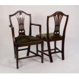 SET OF EIGHT HEPPLEWHITE STYLE CARVED MAHOGANY DINING CHAIRS, (6+2), each with moulded, arch top