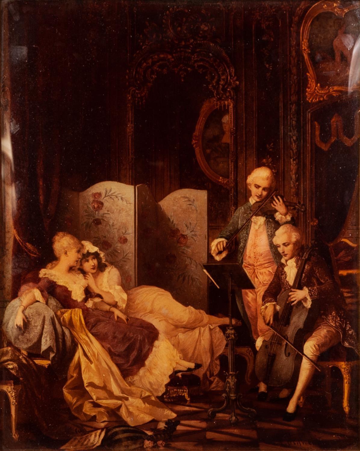 AFTER SCHWER___, CRYSTOLEUM, 18th CENTURY INTERIOR SCENE with two young musicians playing to