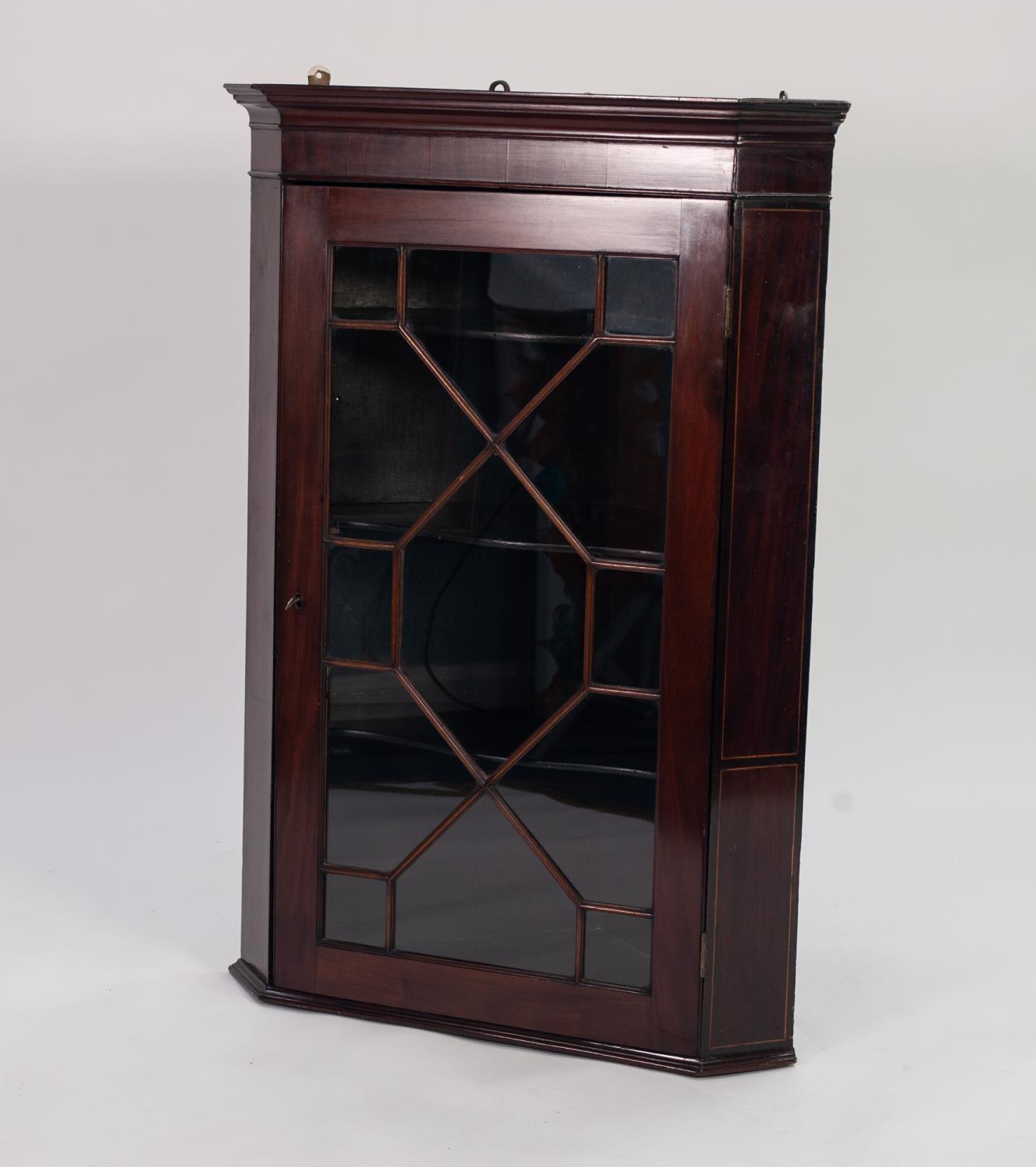 NINETEENTH CENTURY FLAT FRONTED AND GLAZED MAHOGANY CORNER CUPBOARD, of typical form with thirteen