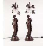 PAIR OF MODERN ART BRONZED COMPOSITION NOUVEAU STYLE FIGURAL ELECTRIC TABLE LAMPS, each modelled