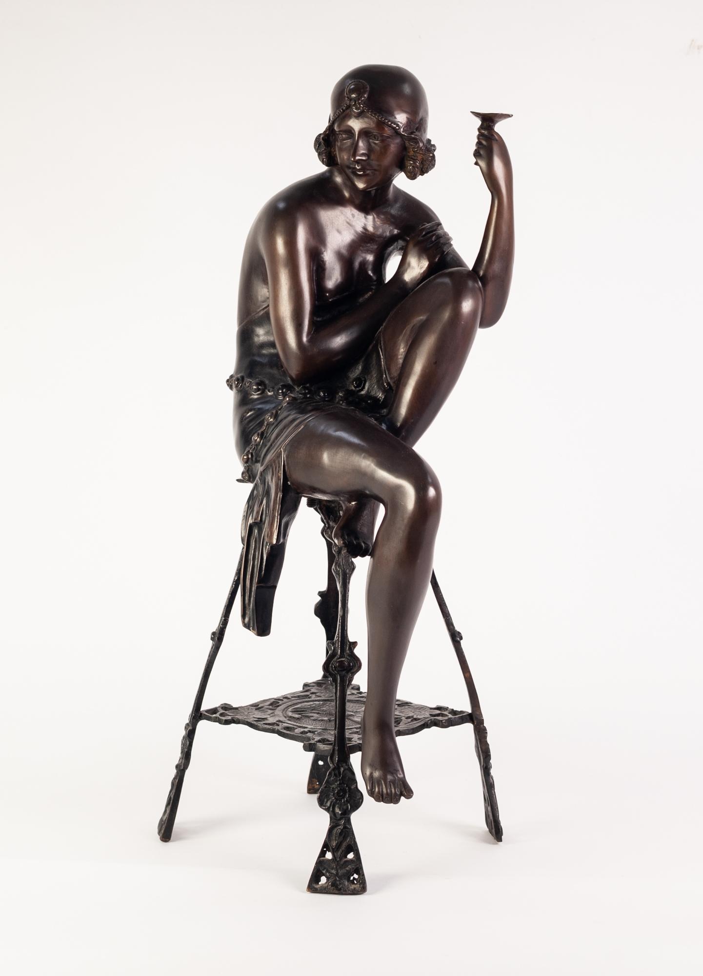 AFTER J.E. MIR, MODERN ART DECO BRONZE FEMALE FIGURE, ?CHAMPAGNE LADY?, modelled seated with - Image 4 of 4