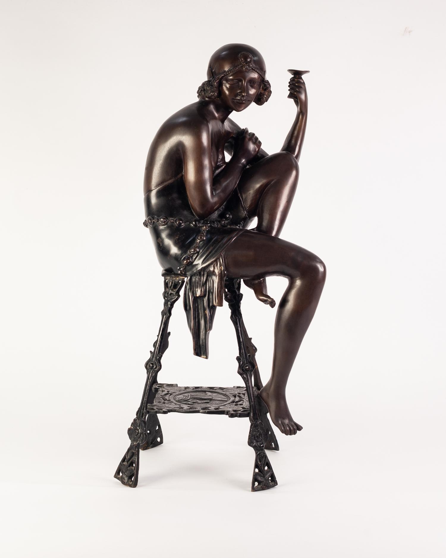 AFTER J.E. MIR, MODERN ART DECO BRONZE FEMALE FIGURE, ?CHAMPAGNE LADY?, modelled seated with