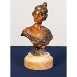 AFTER E.VILLANIS, ART NOUVEAU BRONZE BUST, ?LUCRECE?, raised on a stepped, circular pale onyx