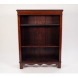 EDWARDIAN LINE INLAID MAHOGANY OPEN BOOKCASE, the moulded oblong top above two adjustable shelves,