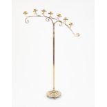 HARRIS & SHELDON, BIRMINGHAM, GOTHIC STYLE BRASS SEVEN LIGHT FLOOR STANDING CANDLE HOLDER, the