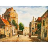 L. CLAYTON (TWENTIETH CENTURY) OIL PAINTING ON BOARD Dutch town scene with figures Signed 11 ½? x 15