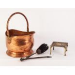 SEAMED COPPER SWING HANDLED COAL BUCKET, of oval form with brass handle to the rear, seam