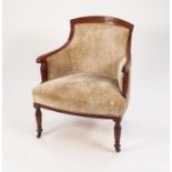 EDWARDIAN CARVED WALNUT NURSING TUB CHAIR, the show wood frame with foliate carved top rail, above