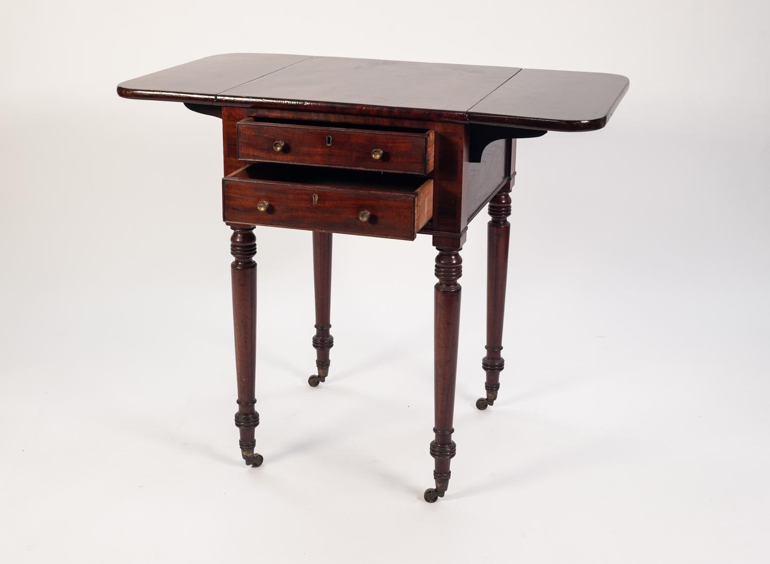 EARLY NINETEENTH CENTURY FIGURED MAHOGANY DROP LEAF WORK TABLE, the flame cut, rounded oblong top - Image 2 of 2