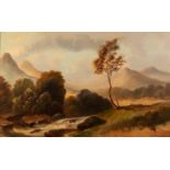 B. LEWIS (NINETEENTH CENTURY ENGLISH SCHOOL) OIL PAINTING ON BOARD River landscape with mountains in