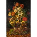 18th/19th CENTURY SCHOOL OIL PAINTING ON CANVAS (relined) Still life, pansies and other summer