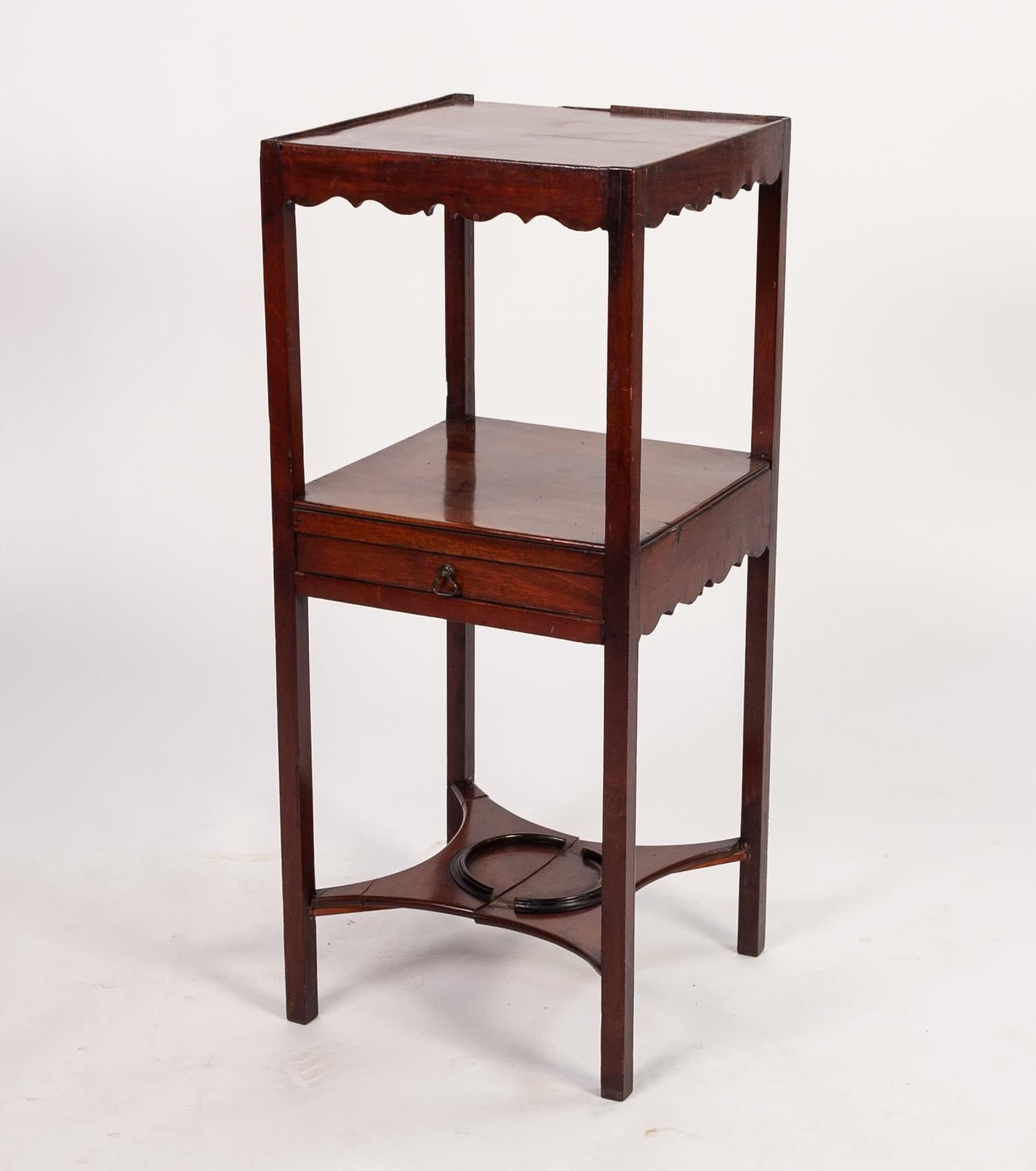 GEORGIAN MAHOGANY THREE TIER SQUARE WASH STAND the top with low gallery border, mid height shelf