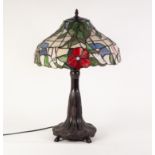 TIFFANY STYLE BRONZE PATINATED METAL TABLE LAMP WITH FLORAL LEADED GLASS EFFECT SHADE, 24? (61cm)