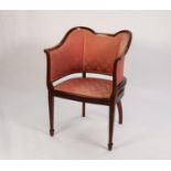 EDWARDIAN LINE INLAID MAHOGANY TUB SHAPED ARMCHAIR the semi winged wrap around back and pad seat