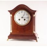 EDWARDIAN LINE INLAID MAHOGANY MANTLE CLOCK, the 4? white Arabic dial powered by a French drum