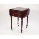 EARLY NINETEENTH CENTURY FIGURED MAHOGANY DROP LEAF WORK TABLE, the flame cut, rounded oblong top