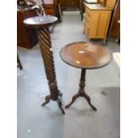 A MAHOGANY TORCHERE OR PLANT STAND ADAPTED FROM A VICTORIAN BED POST, ALSO A REPRODUCTION TRIPOD