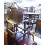 A MAHOGANY TRIPOD WINE TABLE, A MAHOGANY PERIODICAL RACK AND A STRING TOP STOOL