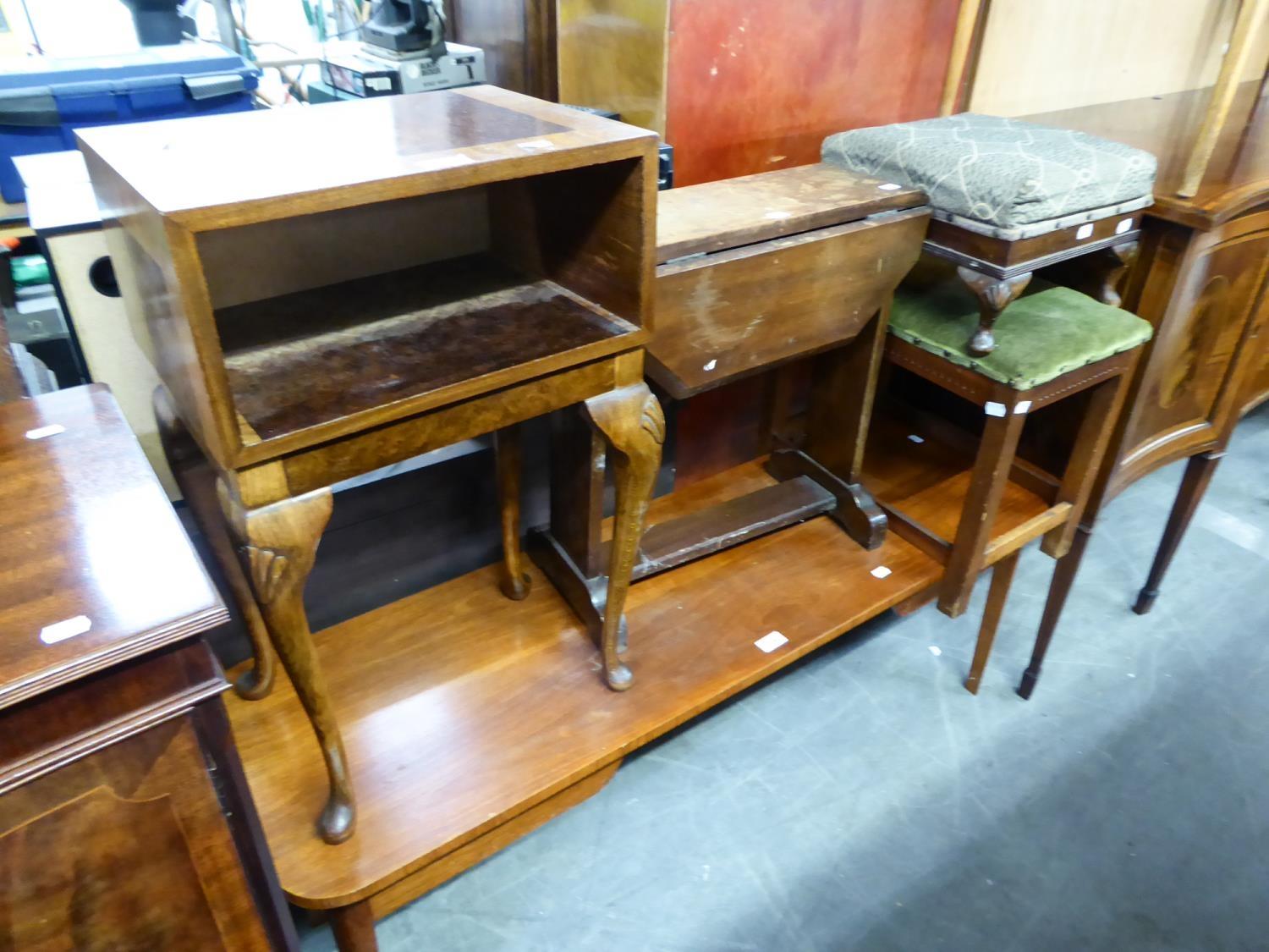 A FIGURED WALNUTWOOD TELEPHONE TABLE, ON CABRIOLE LEGS, TWO STOOLS AND AN OCCASIONAL TABLE