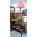 A REPRODUCTION MAHOGANY WINE TABLE, WITH LEATHER TOP, A STANDARD LAMP, NEST OF TWO TABLES,