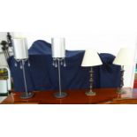PAIR OF MODERN SILVER TABLE LAMPS, THE SILVER COLOURED CYLINDRICAL SHAPES HAVING GLASS DROPS AND A