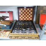 COLD PAINTED RESIN CHESS SET OF NAPOLEONIC FIGURES, IN CASE WITH REMOVABLE CHESS BOARD LID