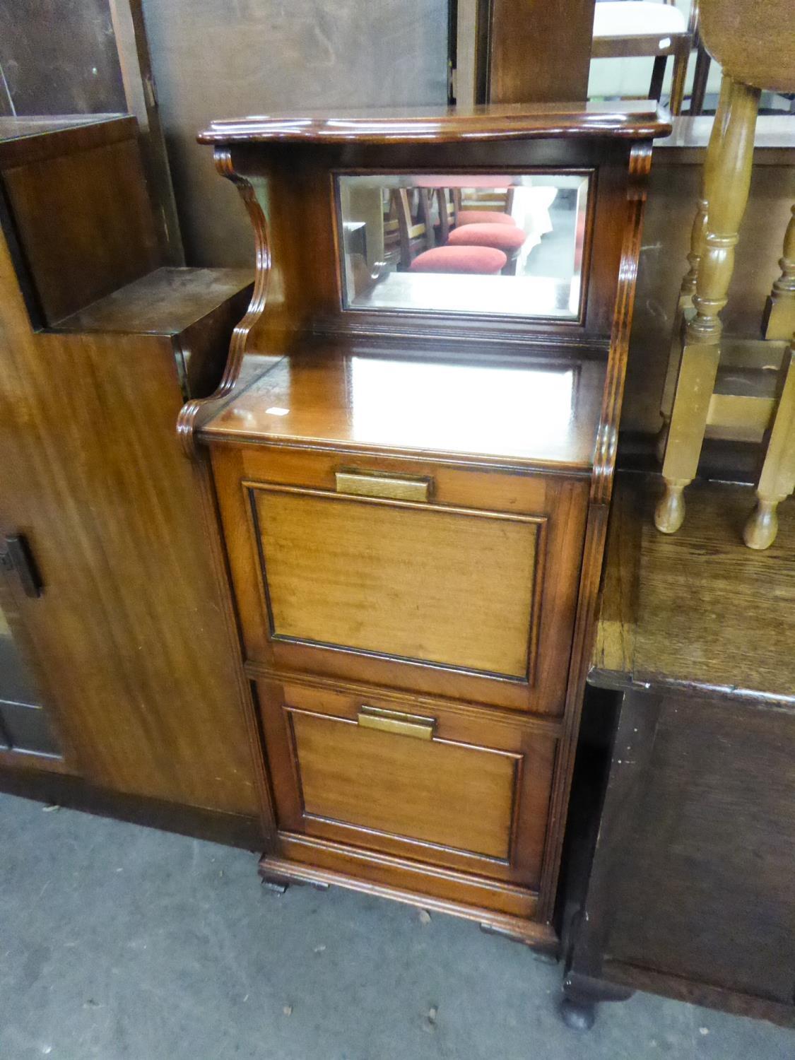 EDWARDIAN MUSIC AND RECORD CABINET, RAISED MIRROR BACK OVER FALL FRONT MUSC COMPARTMENT, OVER FALL