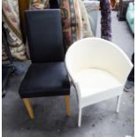 A SET OF SIX MODERN HIGH BACK DINING CHAIRS, WITH BLACK LEATHER UPHOLSTERY AND A WHITE PAINTED