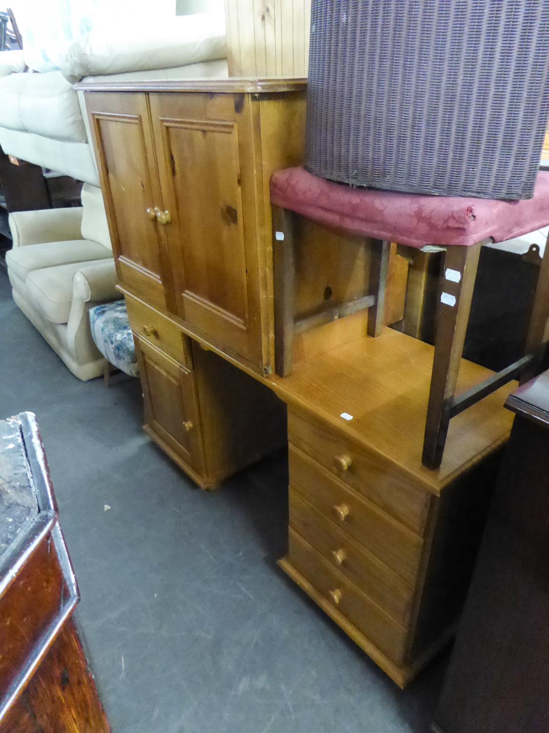 A PINE TWIN PEDESTAL DRESSING TABLE, AND A PINE TWO DOOR CUPBOARD (2)