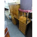 A PINE TWIN PEDESTAL DRESSING TABLE, AND A PINE TWO DOOR CUPBOARD (2)
