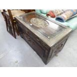 CHINESE CARVED AND STAINED WOOD BLANKET CHEST, WITH UNUSUAL OVAL RESERVES CARVED WITH CHINESE