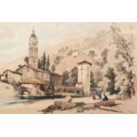 LATE 19th CENTURY SCHOOL COLOURED LITHOGRAPH 'Bellane', continental hill town by a river with