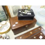 VICTORIAN MAHOGANY SEWING OR JEWELLERY BOX, WITH QUADRANT CORNERS, LIFT-OUT TRAY, HASP FASTENER