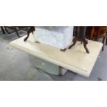 A CREAM MARBLE LARGE OBLONG COFFEE TABLE, WITH MOULDED BORDERS, 4'6" X 2'8" WITH MARBLE BLOCK BASE