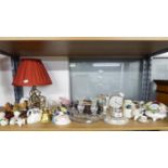 GROUP OF DECORATIVE ITEMS TO INCLUDE; ORNAMENTS, PORCELAN MASKS, FLOWER POSIES, ANIMAL FIGURES,