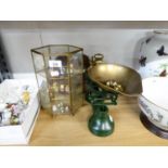 SET OF METAL KITCHEN SCALES WITH BRASS WEIGHTS CIRCA TWENTIETH CENTURY AND PORCELAIN THIMBLE DISPLAY