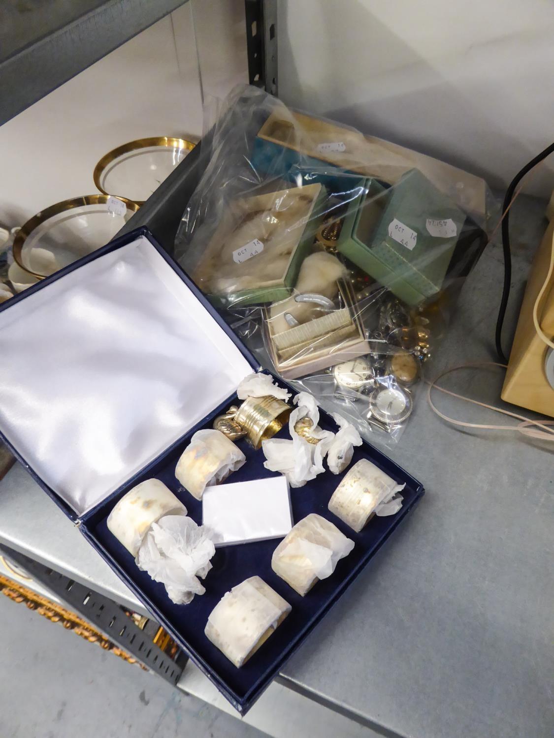 A CASED SET OF SIX ELECTROPLATE NAPKIN RINGS, AND A MISC COSTUME JEWELLERY VARIOUS