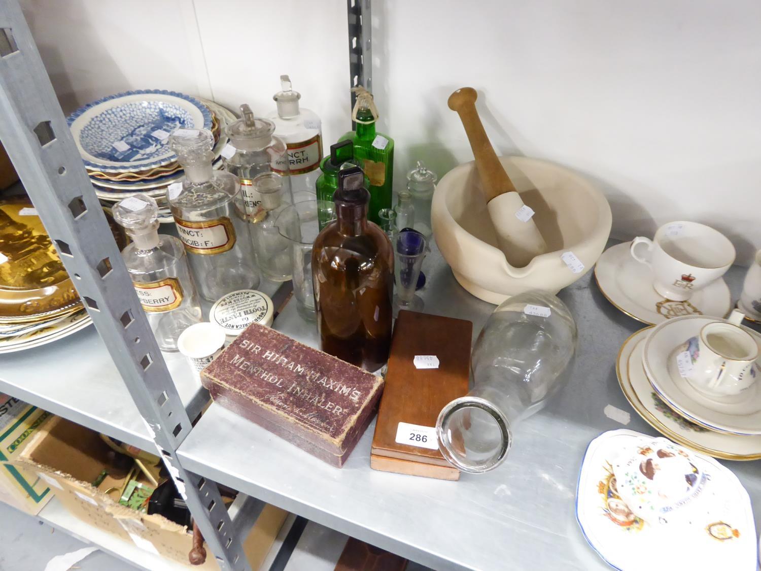 APOTHECARY BOTTLES, PESTLE AND MORTAR ETC.....