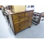 A NINETEENTH CENTURY MAHOGANY CHEST OF TWO SHORT AND THREE LONG DRAWERS WITH KNOB HANDLES, ON