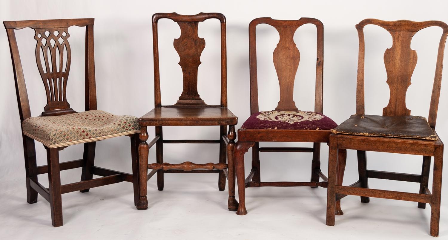 FOUR GEORGIAN COUNTRY SINGLE CHAIRS various wood, three with vase shaped splats and one country