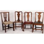 FOUR GEORGIAN COUNTRY SINGLE CHAIRS various wood, three with vase shaped splats and one country