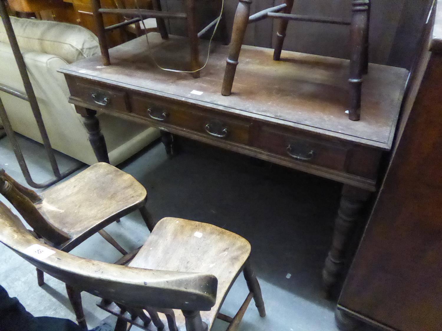 VICTORIAN OBLONG WRITING TABLE WITH THREE FRIEZE DRAWERS, ON TURNED LEGS (A.F.)