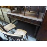 VICTORIAN OBLONG WRITING TABLE WITH THREE FRIEZE DRAWERS, ON TURNED LEGS (A.F.)