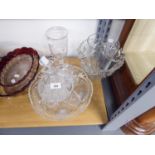 A QUANTITY OF GLASSWARES TO INCLUDE; TWO CRANBERRY OVAL DISHES, CELERY VASE, CLARET JUG, FRUIT