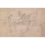 HARRY RUTHERFORD (1903 - 1985) PENCIL DRAWING Market square in a town in Borneo 13 1/2" x 20 1/2" (