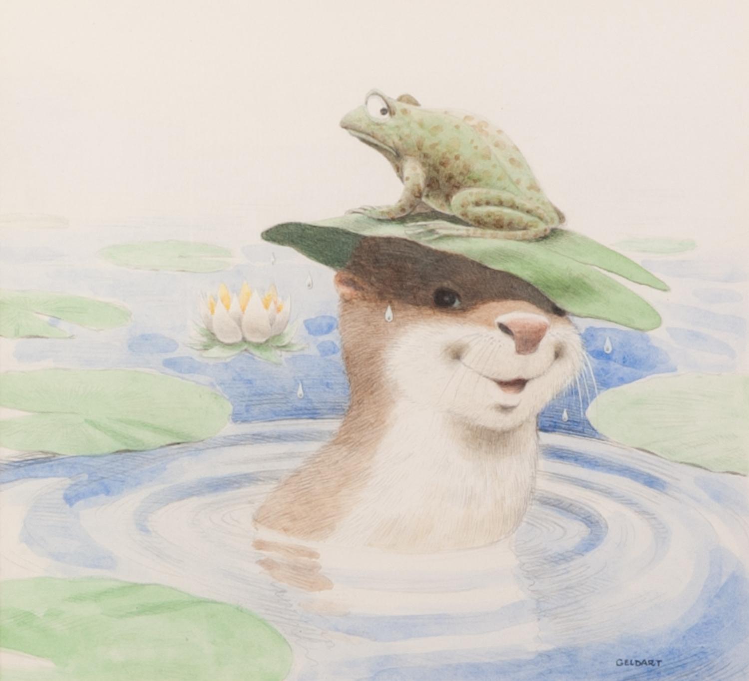 WILLIAM GELDART PENCIL AND WATERCOLOUR DRAWING A humorous study of an otter with a frog upon a