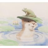 WILLIAM GELDART PENCIL AND WATERCOLOUR DRAWING A humorous study of an otter with a frog upon a