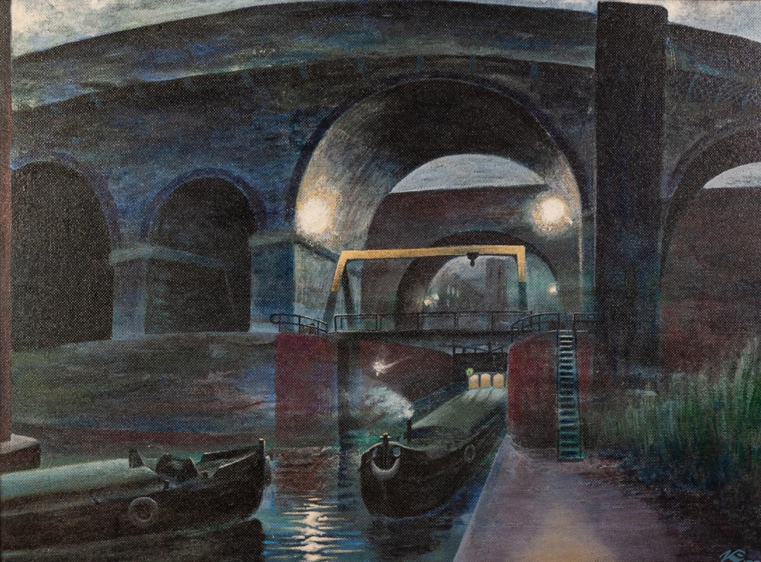 UNATTRIBUTED (TWENTIETH CENTURY) OIL ON BOARD Night time scene of narrow boats moored at Castlefield