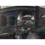 UNATTRIBUTED (TWENTIETH CENTURY) OIL ON BOARD Night time scene of narrow boats moored at Castlefield